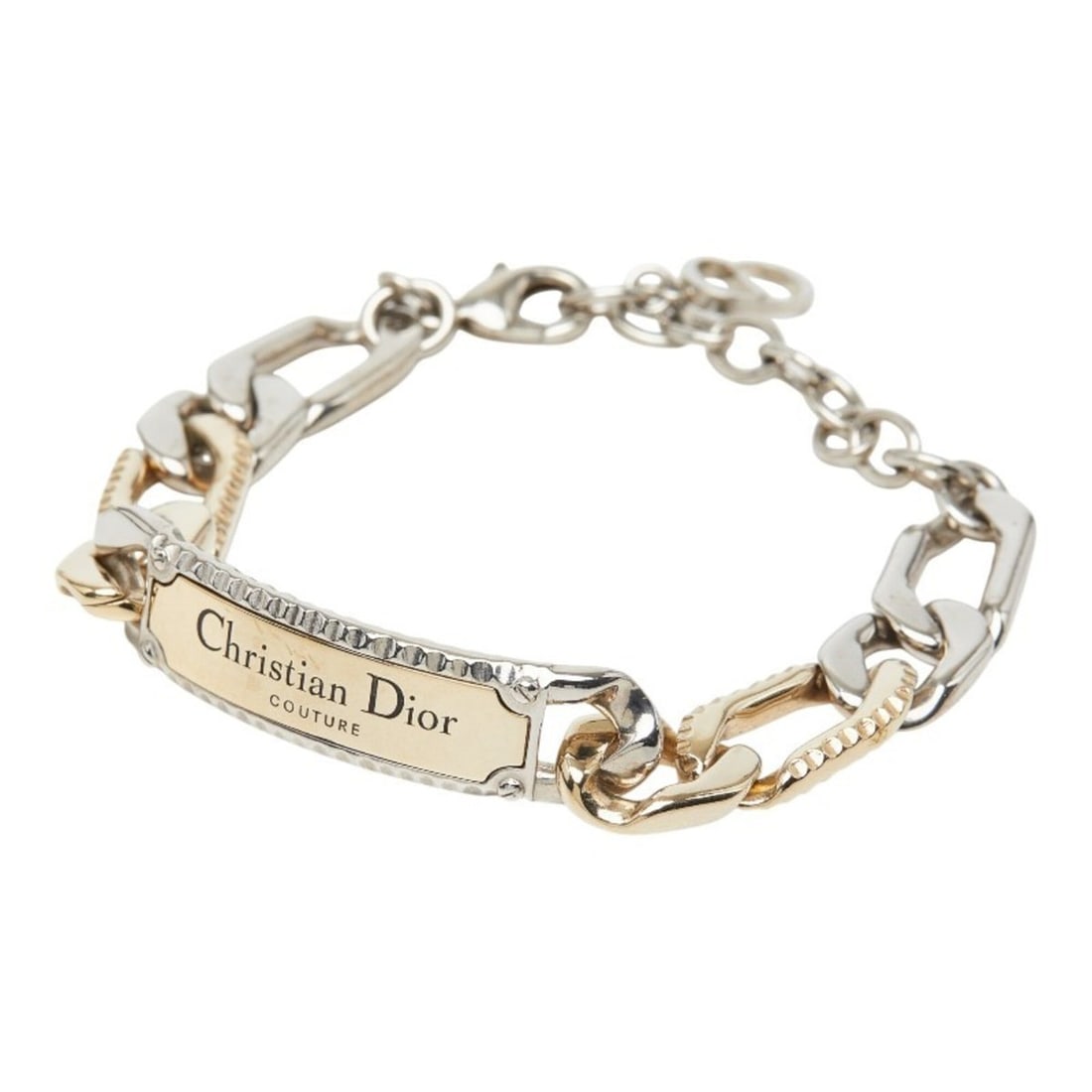 Christian Dior Dior Couture Logo Plate Chain Bracelet, Gold and Silver Metal, Women's.: --- Catalog ---Category: SizeLength: 24cm / 9.44''Category: DesignType: Charm braceletColor: Gold, SilverGender: WomenMaterial: MetalCategory: GeneralBrand: Christian Dior--- Item List ---Section: Con