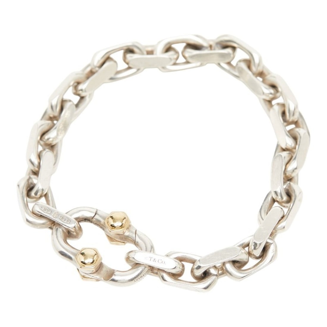 Tiffany & Co. 1837 Makers Wide Chain Bracelet, SV925 Silver, 18KYG Yellow Gold 750, Women's.: --- Catalog ---Category: SizeLength: 20.5cm / 8.07''Category: DesignType: Charm braceletColor: Silver, YellowGender: WomenMaterial: Silver 925, Yellow goldCategory: GeneralBrand: Tiffany--- Item List 