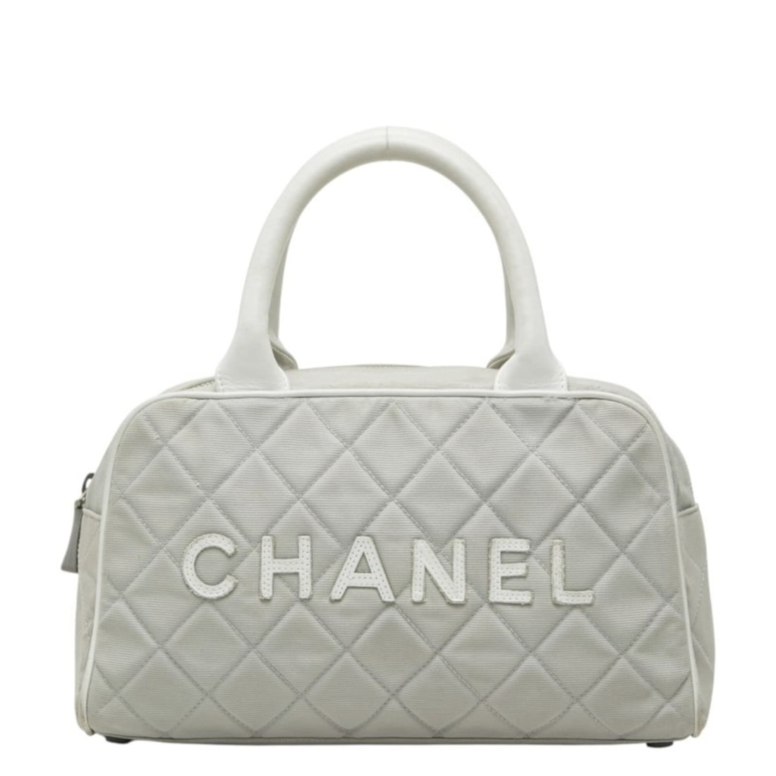 Chanel Spaline Matelassé Logo Boston Bag, Gray and White Canvas Leather, Women's CHANEL