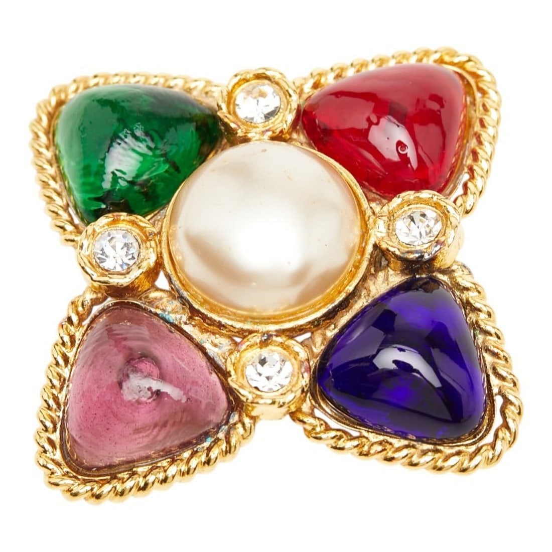 Chanel Vintage Brooch, Gold, Multicolor, Faux Pearl, Stone, Plated, Rhinestone, Women's CHANEL: --- Catalog ---Category: SizeCharm Size: 6.54cm x 6.54cm / 2.57'' x 2.57''Category: DesignType: BroochColor: Multi-colorGender: WomenMaterial: RhinestoneCategory: GeneralBrand: Chanel--- Item List ---