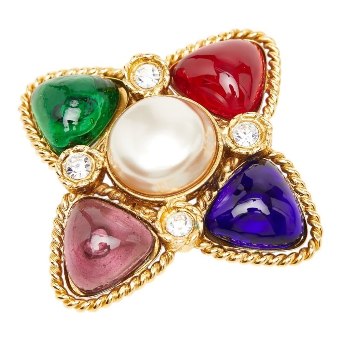 Chanel Vintage Brooch, Gold, Multicolor, Faux Pearl, Stone, Plated Rhinestone, Women's CHANEL: --- Catalog ---Category: SizeCharm Size: 6.58cm x 6.58cm / 2.59'' x 2.59''Category: DesignType: BroochColor: Multi-colorGender: WomenMaterial: RhinestoneCategory: GeneralBrand: Chanel--- Item List ---