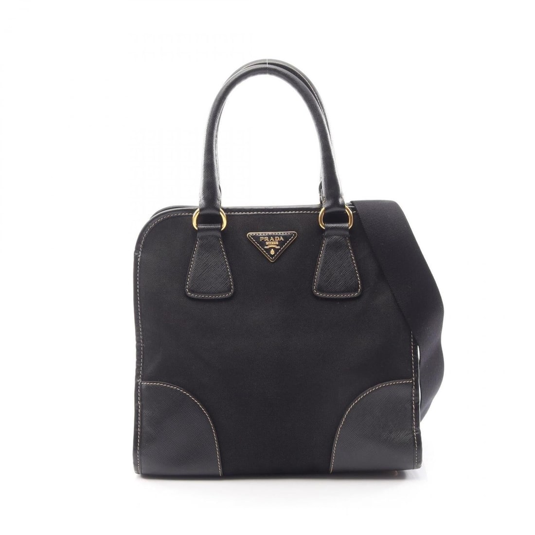Prada PRADA Triangle Plate 2-Way Handbag Canvas Saffiano Leather Women's Black: --- Catalog ---Category: SizeSize (HxWxD): 25cm x 28cm x 13cm / 9.84'' x 11.02'' x 5.11''Category: DesignType: HandbagColor: BlackGender: WomenMaterial: Canvas , Leather Leather/Fur Type: Saffiano lea