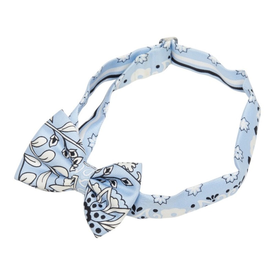 Hermes Nouveau Papillon Bow Tie, Blue, White, Black, Silk, Men's HERMES: --- Catalog ---Category: SizeWidth: 7cm / 2.75''Neck Circumference: 42cm / 16.53''Category: DesignType: Bow tieColor: Black, Blue, WhiteGender: MenMaterial: Silk Category: GeneralBrand: Hermes--- Item