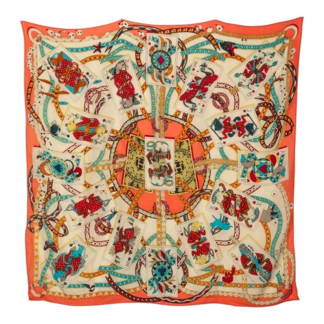 Hermes Carre 115 Dame de Coeur A Vous L'Honneur! Large Scarf Muffler Orange Beige Cashmere Silk: --- Catalog ---Category: SizeSize (LxW): 1.14m x 1.14m / 45.27'' x 45.27''Category: DesignType: ScarfColor: Beige, OrangeGender: WomenMaterial: Cashmere , Silk Category: GeneralBrand: Hermes--- Item L