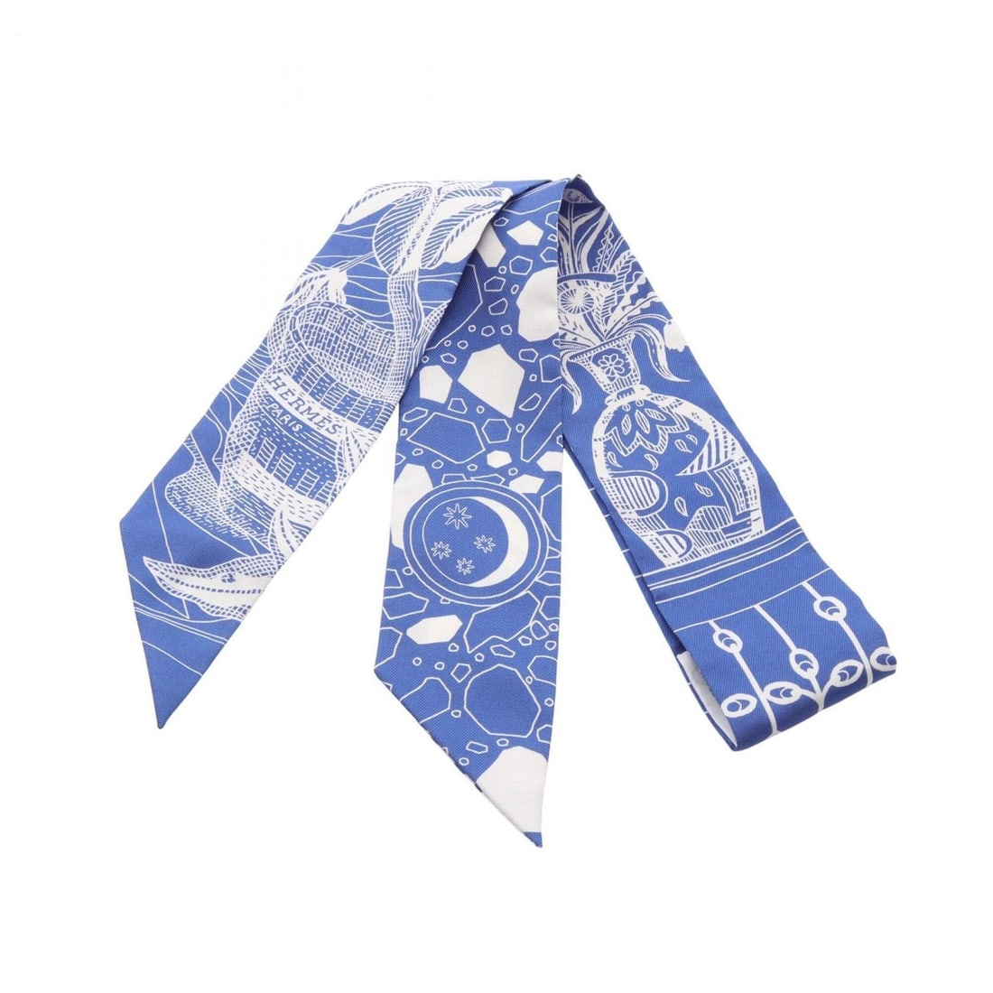 Hermes Twilly LA DANSE DES AMAZONES Ribbon Scarf Muffler Silk Women's Blue/White: --- Catalog ---Category: SizeSize (LxW): 85cm x 5cm / 33.46'' x 1.96''Category: DesignType: ScarfColor: Blue, WhiteGender: WomenMaterial: Silk Category: GeneralBrand: Hermes--- Item List ---Section: C