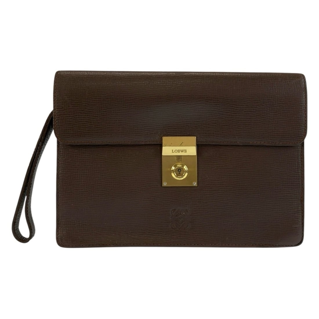 LOEWE Anagram Brown Leather Clutch Bag with Gold Hardware for Men
