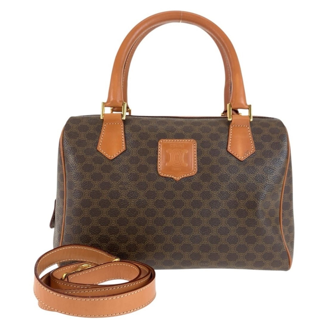 CELINE Vintage Macadam Brown Leather Handbag with Gold Hardware, M14 Size, Mini Boston Bag/Shoulder (1 of 10)