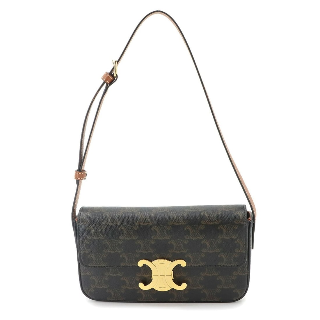 Celine Triomphe Claude Shoulder Handbag, Leather, Tan, Black, Brown, Gold Hardware, 194142: --- Catalog ---Category: SizeSize (HxWxD): 12cm x 20.5cm x 4cm / 4.72'' x 8.07'' x 1.57''Category: DesignType: Handbag, Shoulder bagColor: Black, BrownGender: WomenMaterial: PVC , Leather Category: Ge