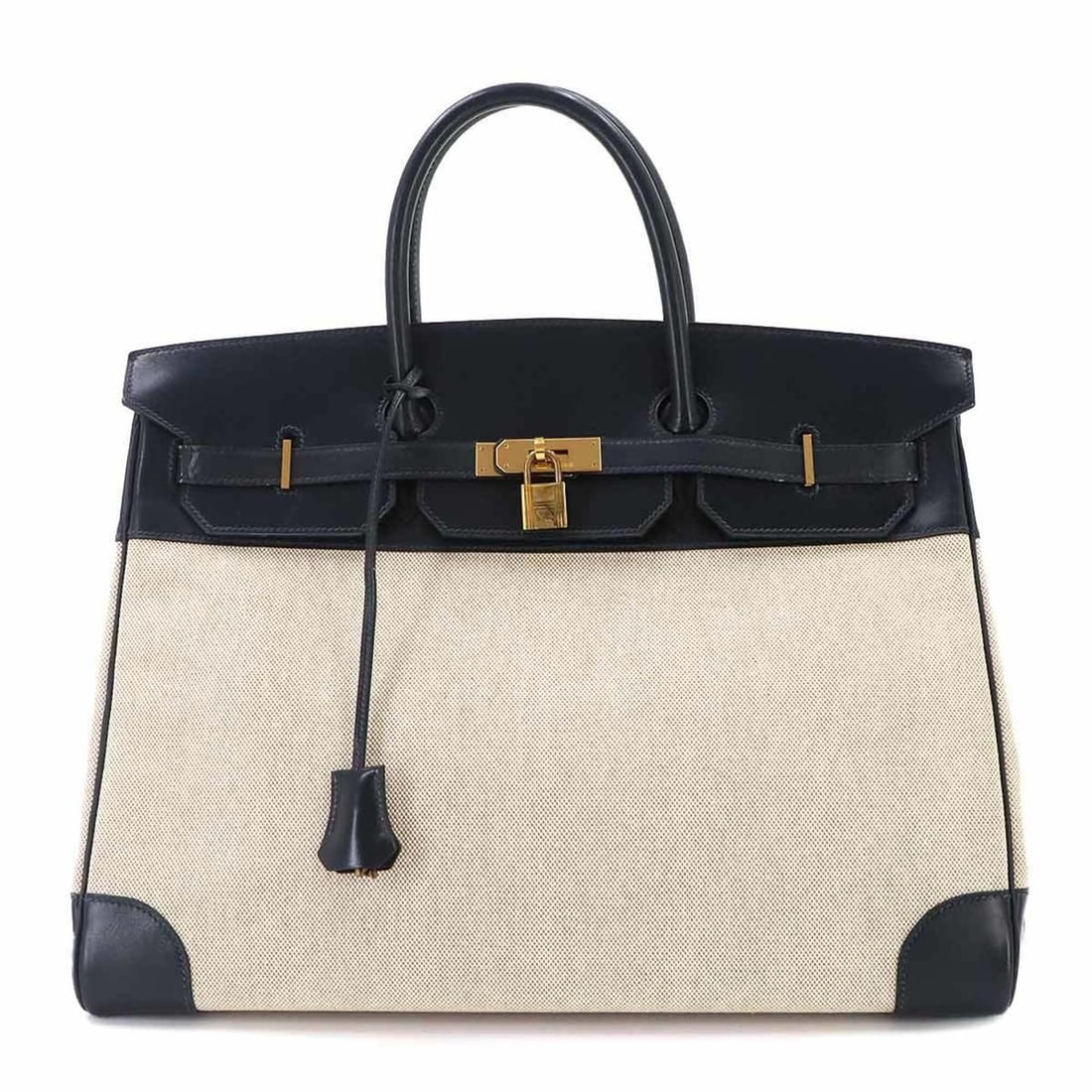 Hermes Birkin 40, Box Calf Leather, Toile H Blue Marine Beige, Handbag, ?R Stamp, Made in 1988,: --- Catalog ---Category: SizeSize (HxWxD): 32.5cm x 40cm x 20cm / 12.79'' x 15.74'' x 7.87''Category: DesignType: HandbagColor: Beige, Blue marineGender: WomenMaterial: Box calf leather , Toile H Cate