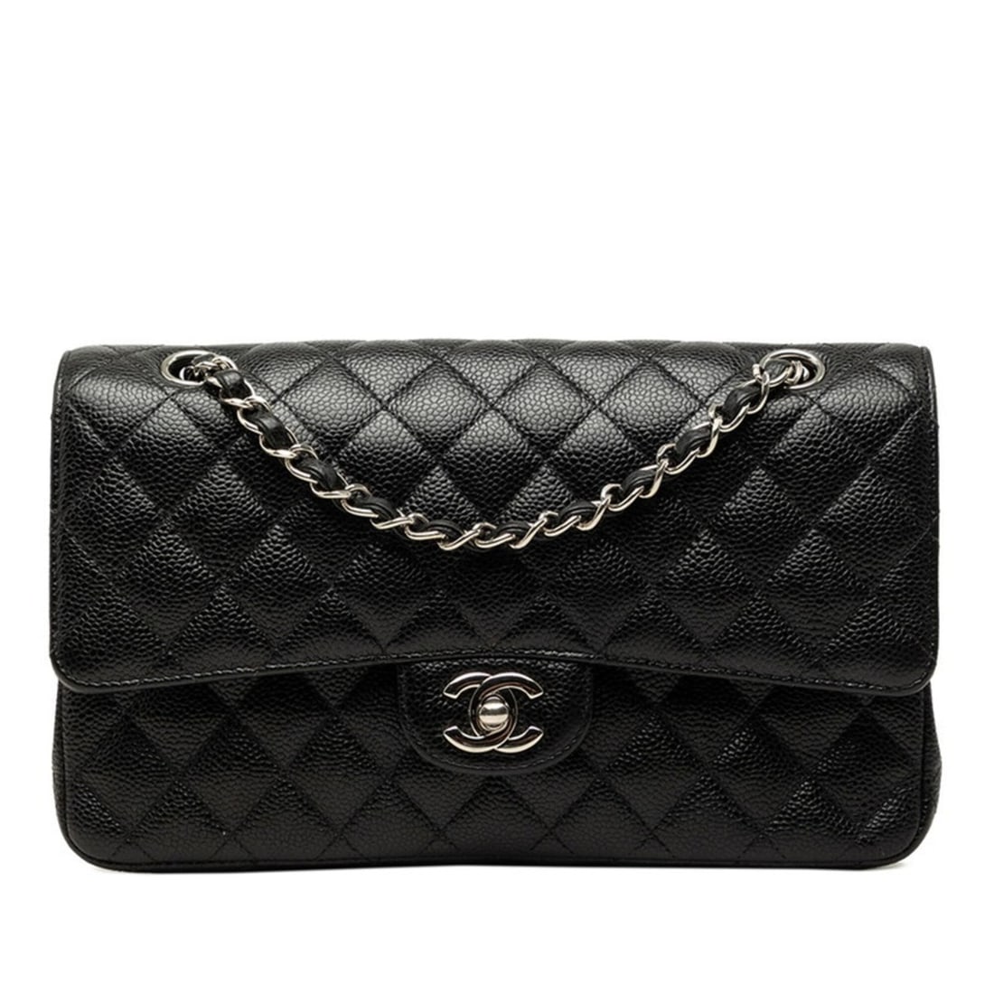 Chanel Matelassé 25 Coco Mark Double Flap Chain Shoulder Bag, Black with Silver Hardware, Caviar: --- Catalog ---Category: SizeSize (HxWxD): 15.5cm x 25cm x 6cm / 6.1'' x 9.84'' x 2.36''Category: DesignType: Shoulder bagColor: BlackGender: WomenMaterial: Grained Calfskin Category: GeneralBrand: Ch