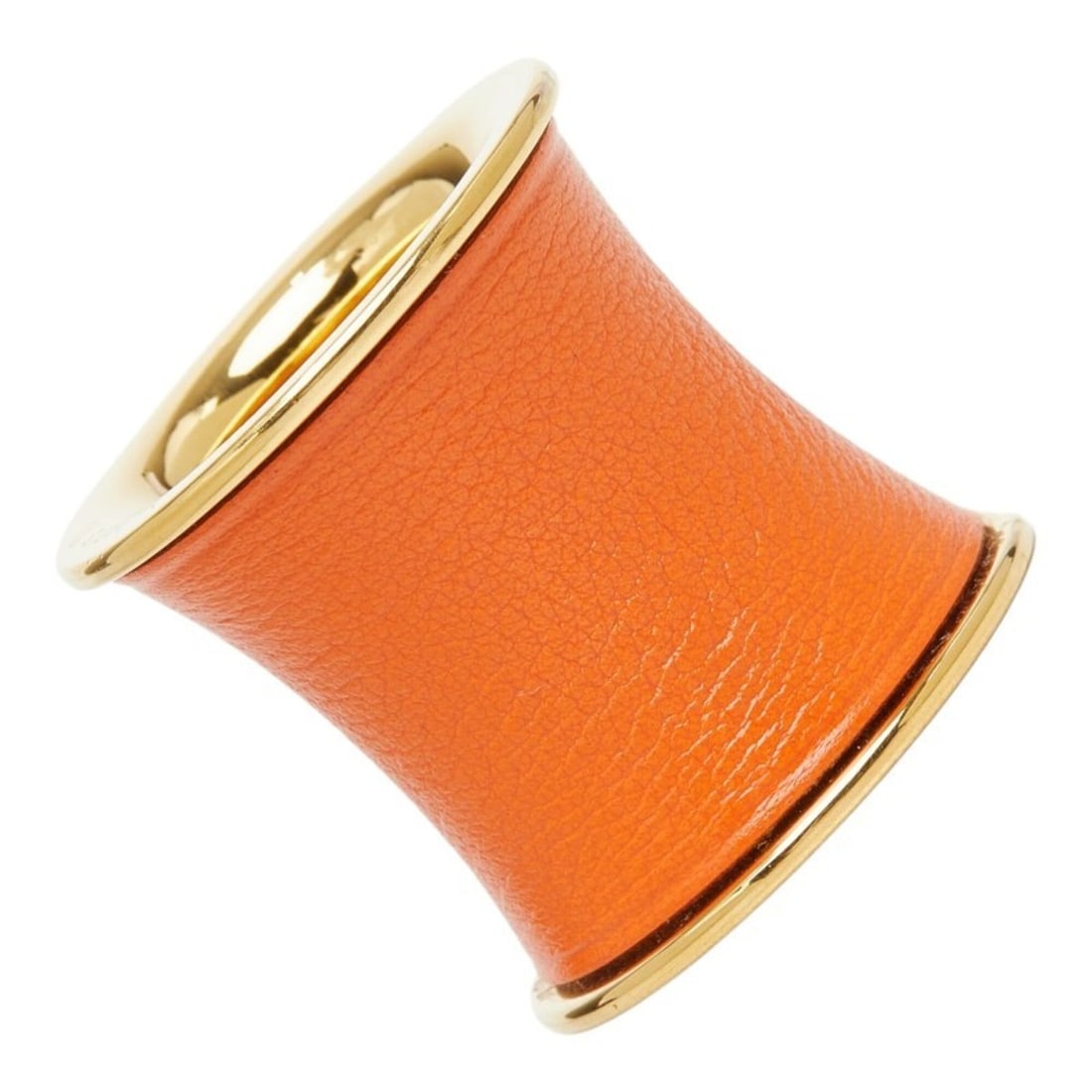 Hermes cylindrical scarf ring, gold and orange plated leather, for women.: --- Catalog ---Category: DesignType: Scarf ringColor: Gold, OrangeGender: WomenMaterial: Leather Category: GeneralBrand: Hermes--- Item List ---Section: ConditionRanking: Rank AB Used - Traces of usag