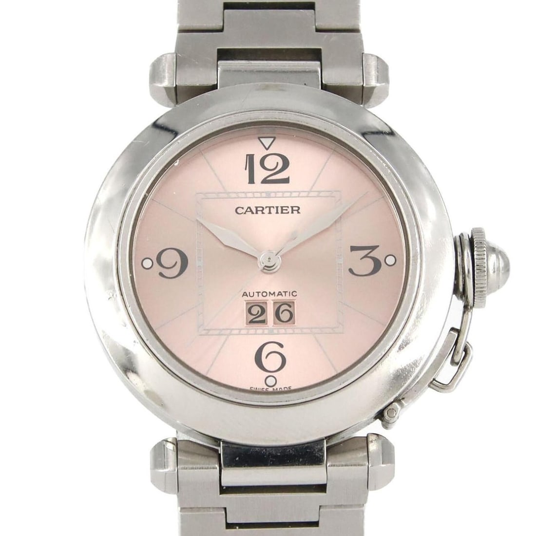 Cartier Pasha C Grande Date W31058M7 Stainless Steel Automatic Watch: --- Catalog ---Category: SizeWrist Size: 18.5cm / 7.28''Case Diameter: 35mm / 1.38''Category: DesignType: WristwatchGender: Men,WomenColor (Dial): PinkMaterial (Band): Stainless steelMaterial (Case): 