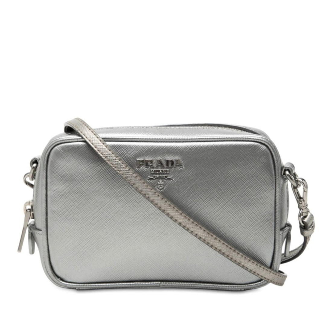 Prada Logo Crossbody Shoulder Bag Camera Silver Saffiano Leather Women's PRADA