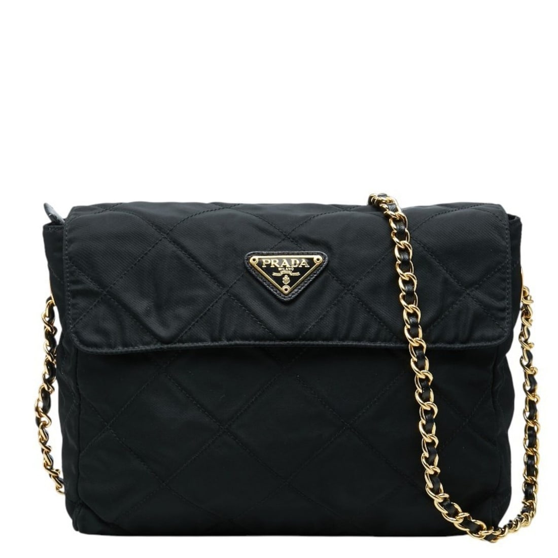 Prada Triangle Logo Plate Chain Shoulder Bag, Crossbody, Black and Gold Nylon, Women's PRADA: --- Catalog ---Category: SizeSize (HxWxD): 19cm x 25cm x 7cm / 7.48'' x 9.84'' x 2.75''Category: DesignType: Shoulder bagColor: Black, GoldGender: WomenMaterial: Nylon Category: GeneralBrand: