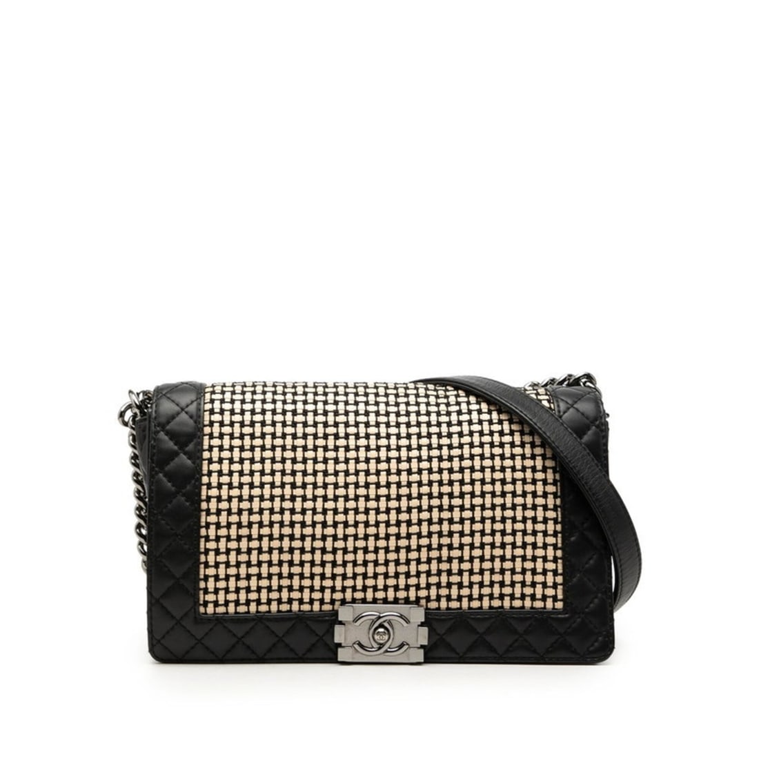 Chanel Coco Mark Boy Chain Shoulder Bag, Black/Beige Lambskin, Women's CHANEL: --- Catalog ---Category: SizeSize (HxWxD): 18.5cm x 27.5cm x 5cm / 7.28'' x 10.82'' x 1.96''Category: DesignType: Shoulder bagColor: Beige, BlackGender: WomenMaterial: Leather Category: GeneralBrand: 