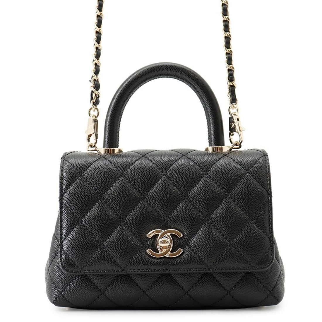 Chanel handbag, Coco Mark, Matelassé, Handle, XXS, caviar leather, AS2215, CHANEL 2-way, black,: --- Catalog ---Category: SizeWeight: 530g / 1.16lb.Size (HxWxD): 13cm x 18cm x 9cm / 5.11'' x 7.08'' x 3.54''Strap Length: 118cm / 46.45''Category: DesignType: HandbagColor: BlackGender: WomenMaterial