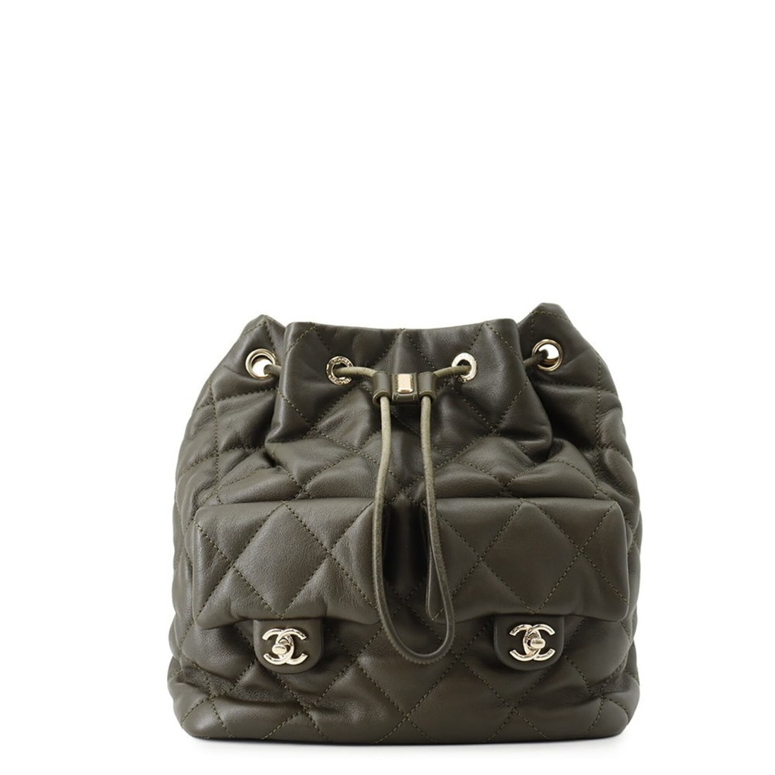 Chanel backpack, Coco Mark Matelassé drawstring, double pocket, leather, AS4342, CHANEL, handbag,: --- Catalog ---Category: SizeWeight: 650g / 1.43lb.Size (HxWxD): 22cm x 20cm x 13.5cm / 8.66'' x 7.87'' x 5.31''Category: DesignType: HandbagColor: KhakiGender: WomenMaterial: Leather Hardware Color: 