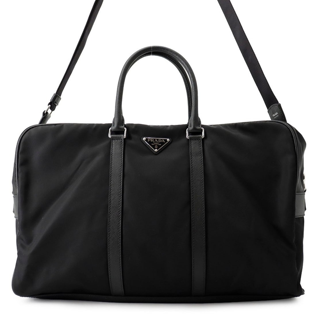 Prada Boston bag, triangle design, nylon and leather, PRADA 2-way shoulder black, handbag,: --- Catalog ---Category: SizeWeight: 890g / 1.96lb.Size (HxWxD): 29cm x 45cm x 16cm / 11.41'' x 17.71'' x 6.29''Strap Length: 96cm - 156cm / 37.79'' - 61.41''Category: DesignType: Boston bag, Handbag,