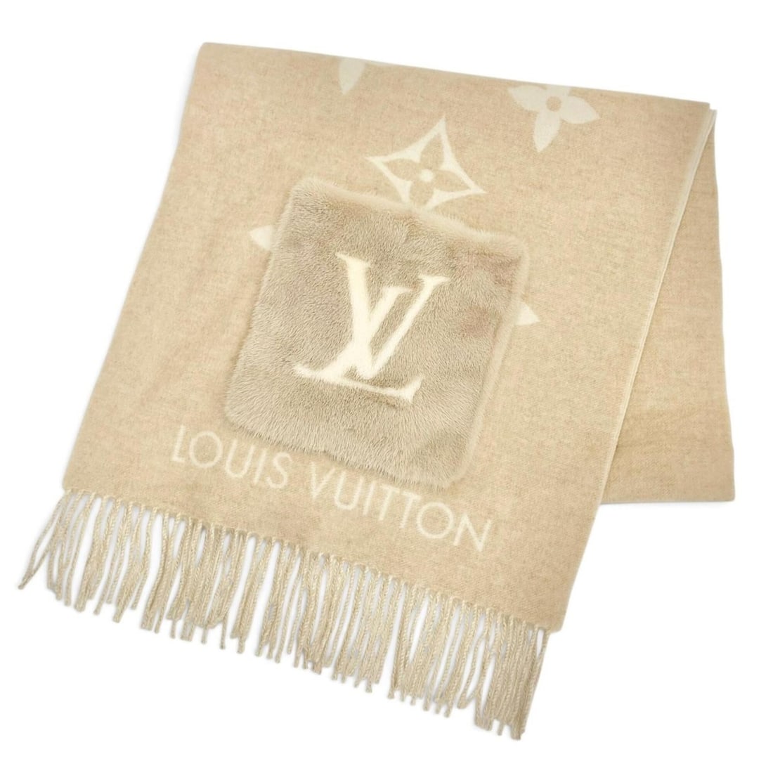 LOUIS VUITTON M74354 Echarpe Cold Reykjavik Cashmere Mink LV Initial Monogram Flower Fringe Stole: --- Catalog ---Category: SizeSize (LxW): 1.7m x 45cm / 66.92'' x 17.71''Category: DesignType: StoleColor: BeigeGender: WomenMaterial: Cashmere , Silk Category: GeneralMPN: M74354Brand: Louis VuittonCo