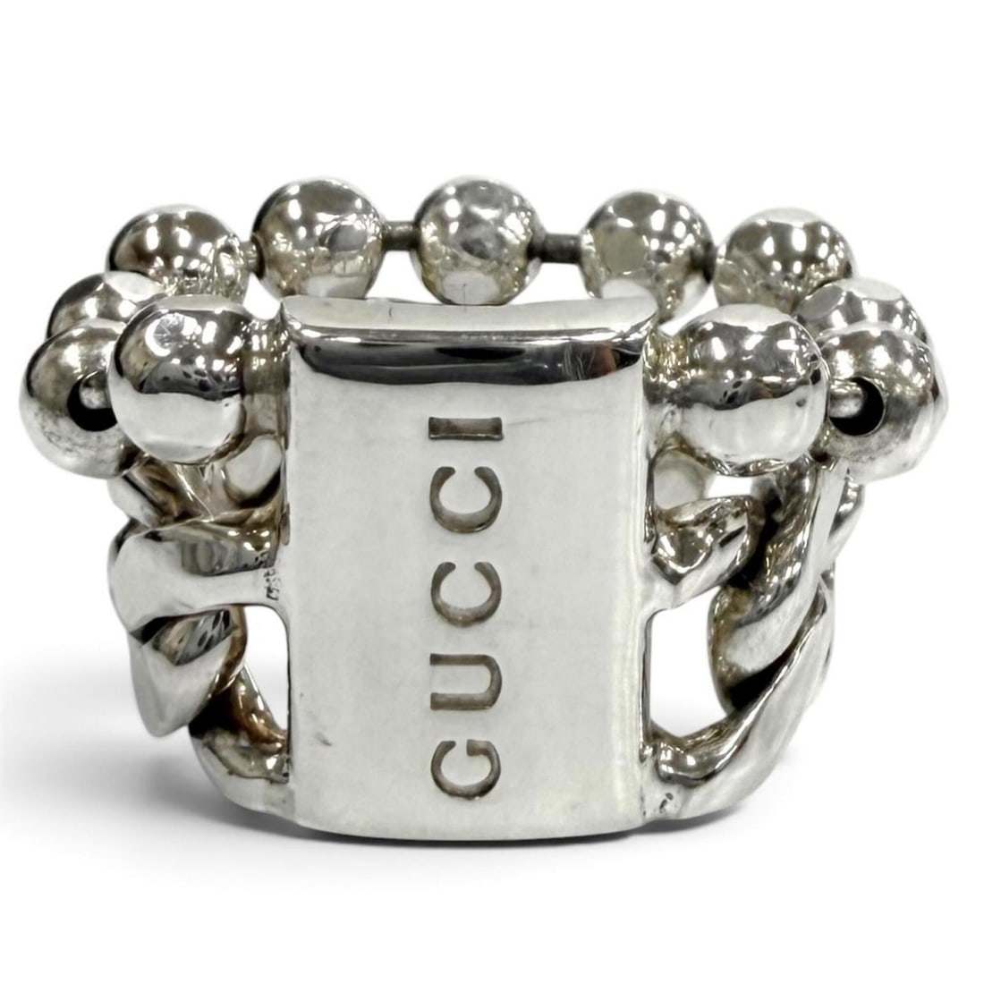 GUCCI 925 Sterling Silver Ball Chain Ring with Logo - Italian Made Women's Comes Box and Dust Bag: --- Catalog ---Category: SizeJP Size: 8US Size: 4.5Category: DesignType: Band ringColor: SilverGender: WomenMaterial: Silver 925Category: GeneralBrand: GucciCountry of Origin: Italy--- Item List ---Se