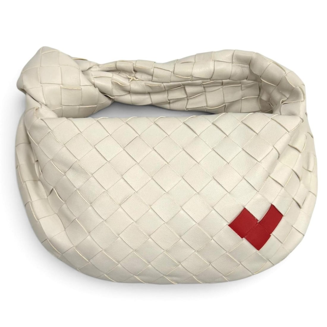 BOTTEGA VENETA 777607 Mini Jodie Heart Intrecciato Leather Handbag, White/Red, Made in Italy,