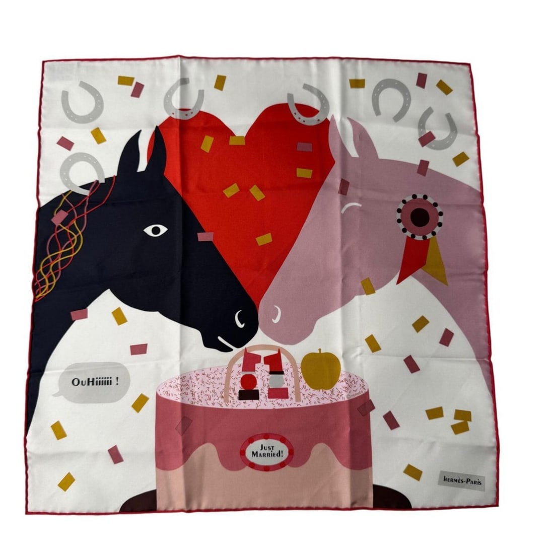 Hermes Carre 45 Gavroche Just Married Horse Silk Scarf/Muffler for Women: --- Catalog ---Category: SizeSize (LxW): 45cm x 45cm / 17.71'' x 17.71''Category: DesignType: ScarfColor: Multi-colorGender: WomenMaterial: Silk Category: GeneralBrand: Hermes--- Item List ---Section: