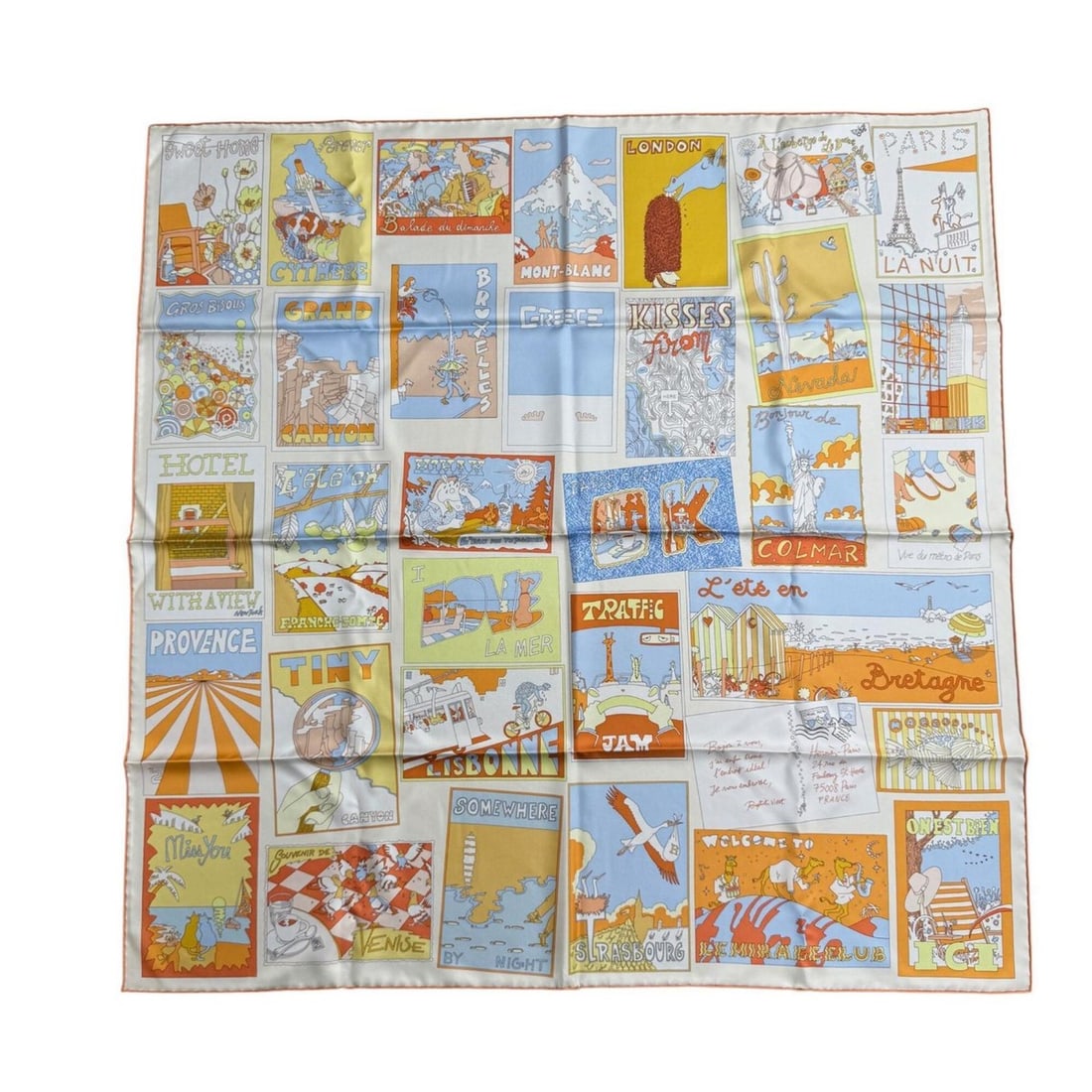 Hermes Carre 90 Scarf Muffler, Favorite Place, Baptiste Villo, Silk, Women's.: --- Catalog ---Category: SizeSize (LxW): 90cm x 90cm / 35.43'' x 35.43''Category: DesignType: ScarfColor: Multi-colorGender: WomenMaterial: Silk Category: GeneralBrand: Hermes--- Item List ---Section: