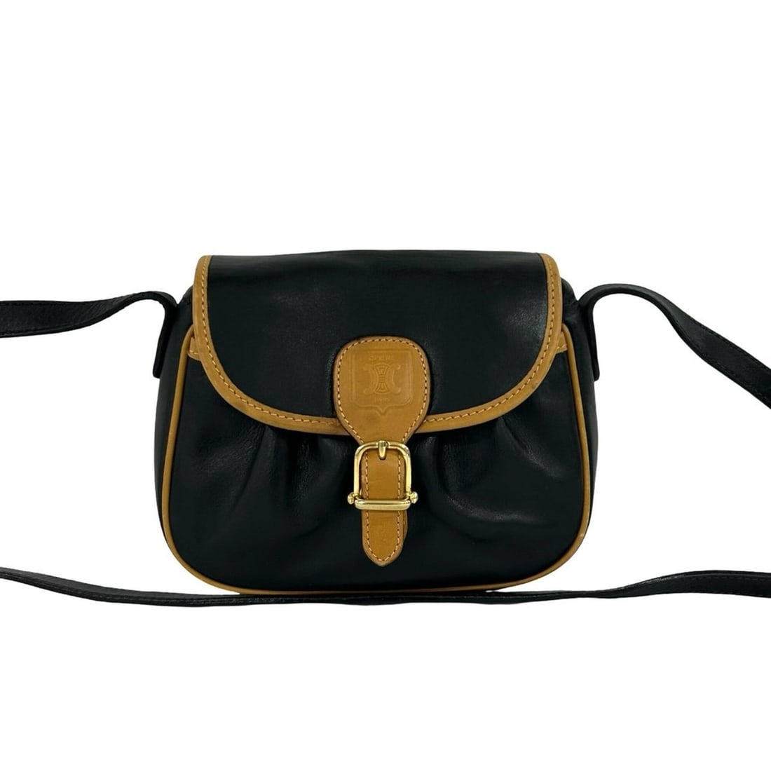 CELINE Vintage Logo Leather Mini Shoulder Bag/Sacoche/Pouch, Black, 74285