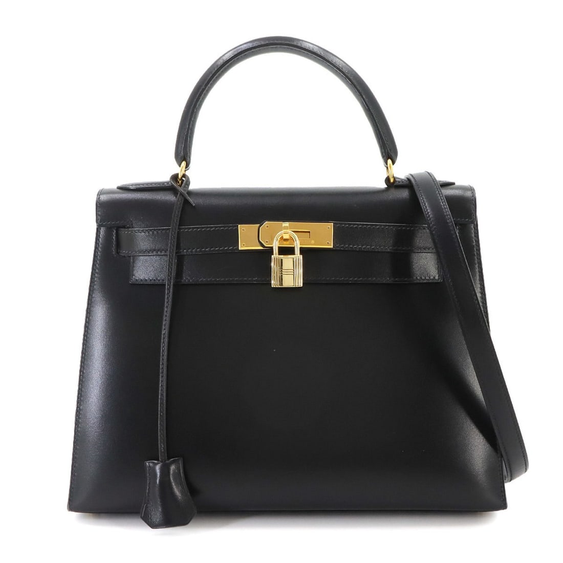 Hermes Kelly 28, Box Calf Leather, Black, 2-way Handbag/Shoulder Bag, ?X Stamp, Made in 1994,: --- Catalog ---Category: SizeSize (HxWxD): 22cm x 29cm x 11cm / 8.66'' x 11.41'' x 4.33''Category: DesignType: HandbagColor: BlackGender: WomenMaterial: Box calf leather Category: GeneralBrand: Hermes