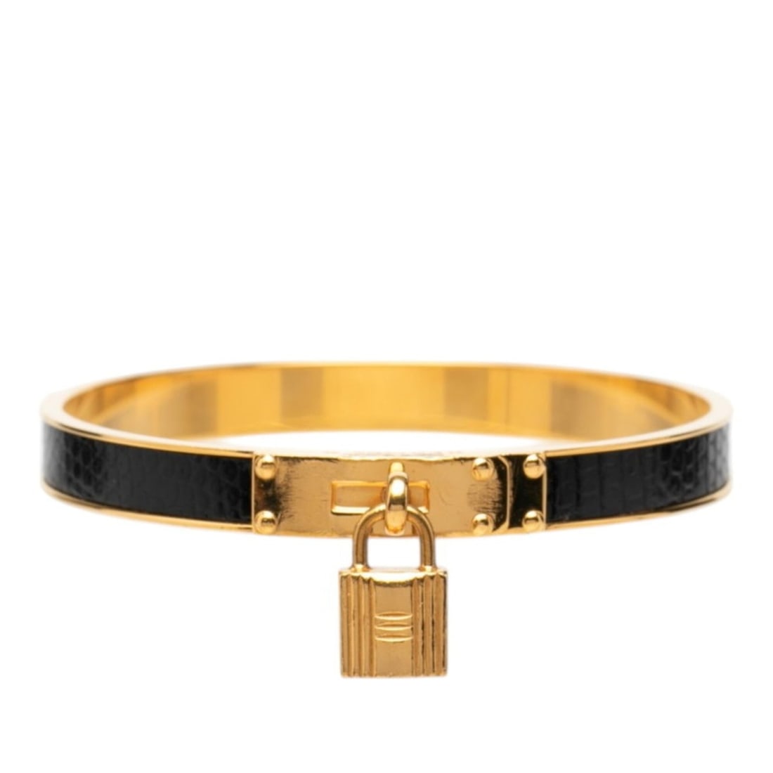 Hermes Kelly Bangle, Cadena Motif Gold and Black Plated Leather, Women's HERMES: --- Catalog ---Category: SizeLength: 19cm / 7.48''Category: DesignType: BangleColor: Black, GoldGender: WomenMaterial: LeatherCategory: GeneralBrand: Hermes--- Item List ---Section: ConditionRanking: 