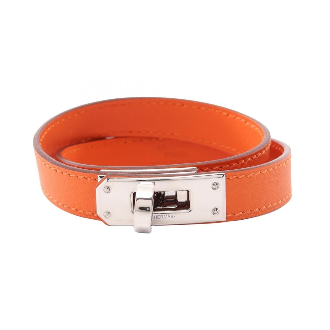 Hermes Kelly Bracelet Double Tour Accessory Stainless Steel Veau Swift Leather Women's Orange Silver (1 of 11)