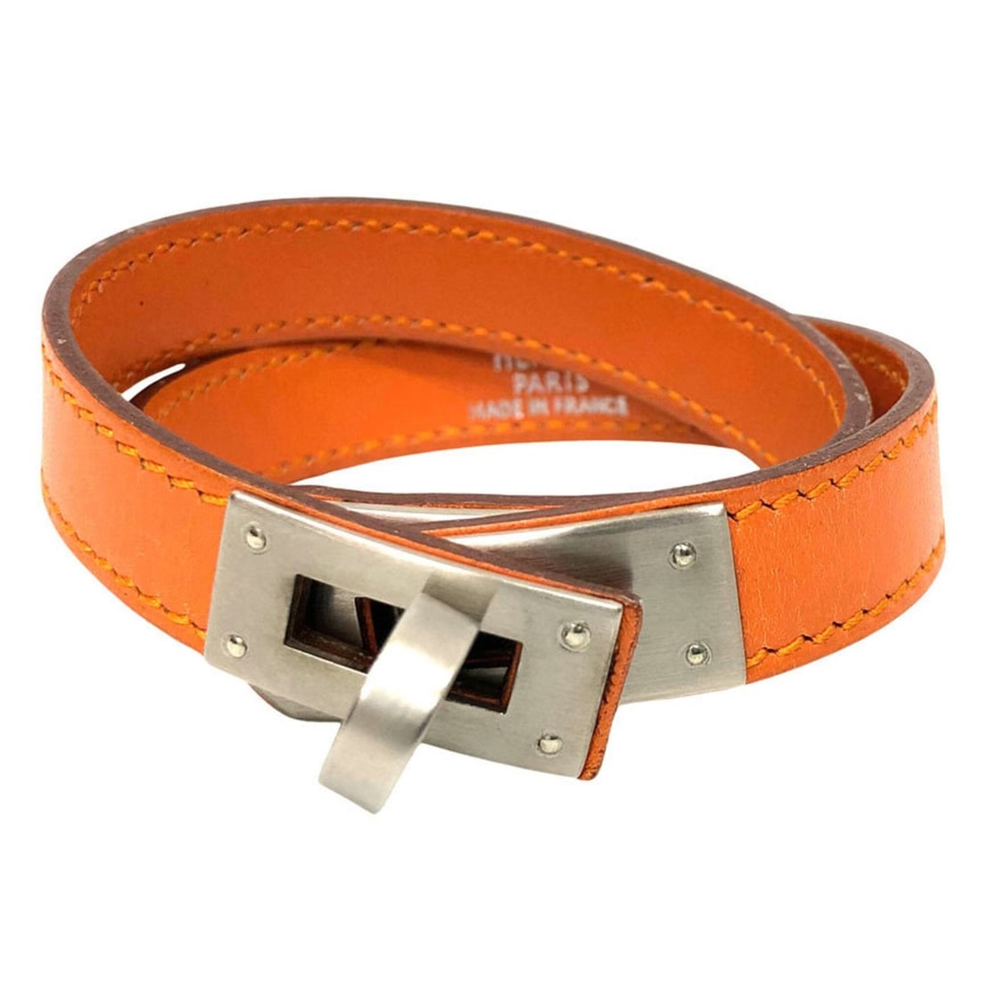 Hermes HERMES Leather Bracelet Kelly Double Tour Orange x ?G Stamp