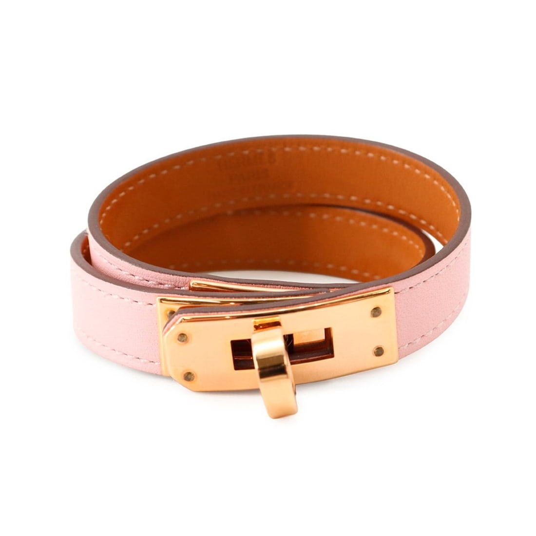 Hermes Kelly Double Tour Bracelet, Rose Sakura Pink Swift Leather, U Stamp, Size T2.