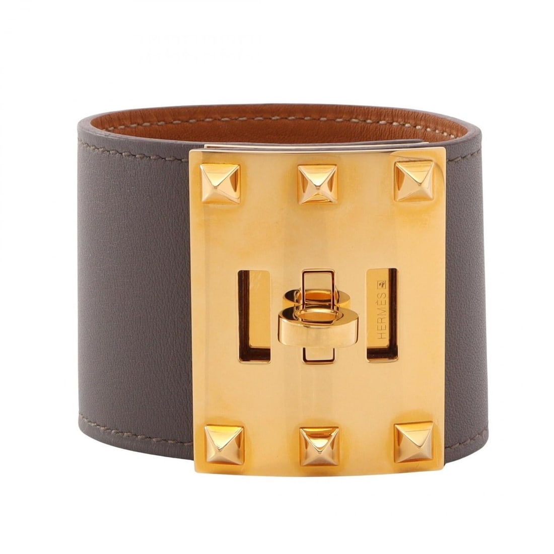 Hermes Kelly Dog Extreme Bangle Accessory, Gold Plated (GP), Veau Swift Leather, Women's, Gray/Gold: --- Catalog ---Category: DesignType: BangleColor: Gold, GrayGender: WomenMaterial: Gold plating, Swift leatherCategory: GeneralBrand: Hermes--- Item List ---Section: ConditionRanking: Rank A Used - A 