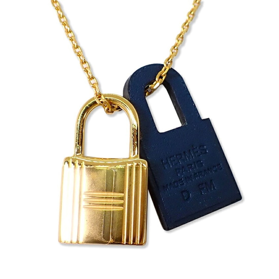 HERMES O'Kelly D-stamp Gold x Navy Necklace