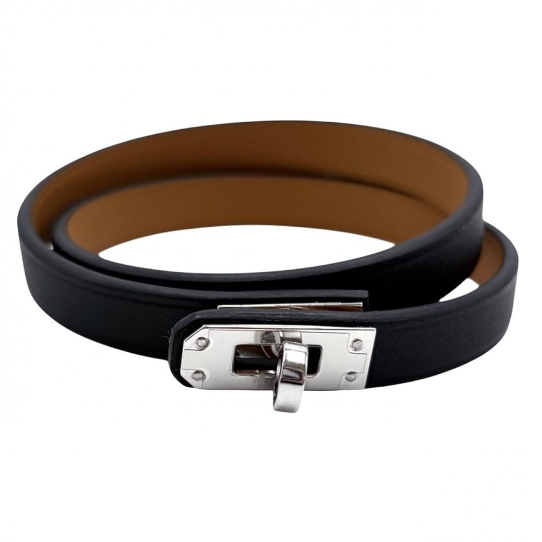 Hermes Double Tour Kelly Bracelet for Women, Leather, K Stamp, Black/Brown, Silver Hardware, 2025: --- Catalog ---Category: SizeLength: 18cm / 7.08''Category: DesignType: Charm braceletColor: Black, BrownGender: WomenMaterial: LeatherCategory: GeneralBrand: Hermes--- Item List ---Section: