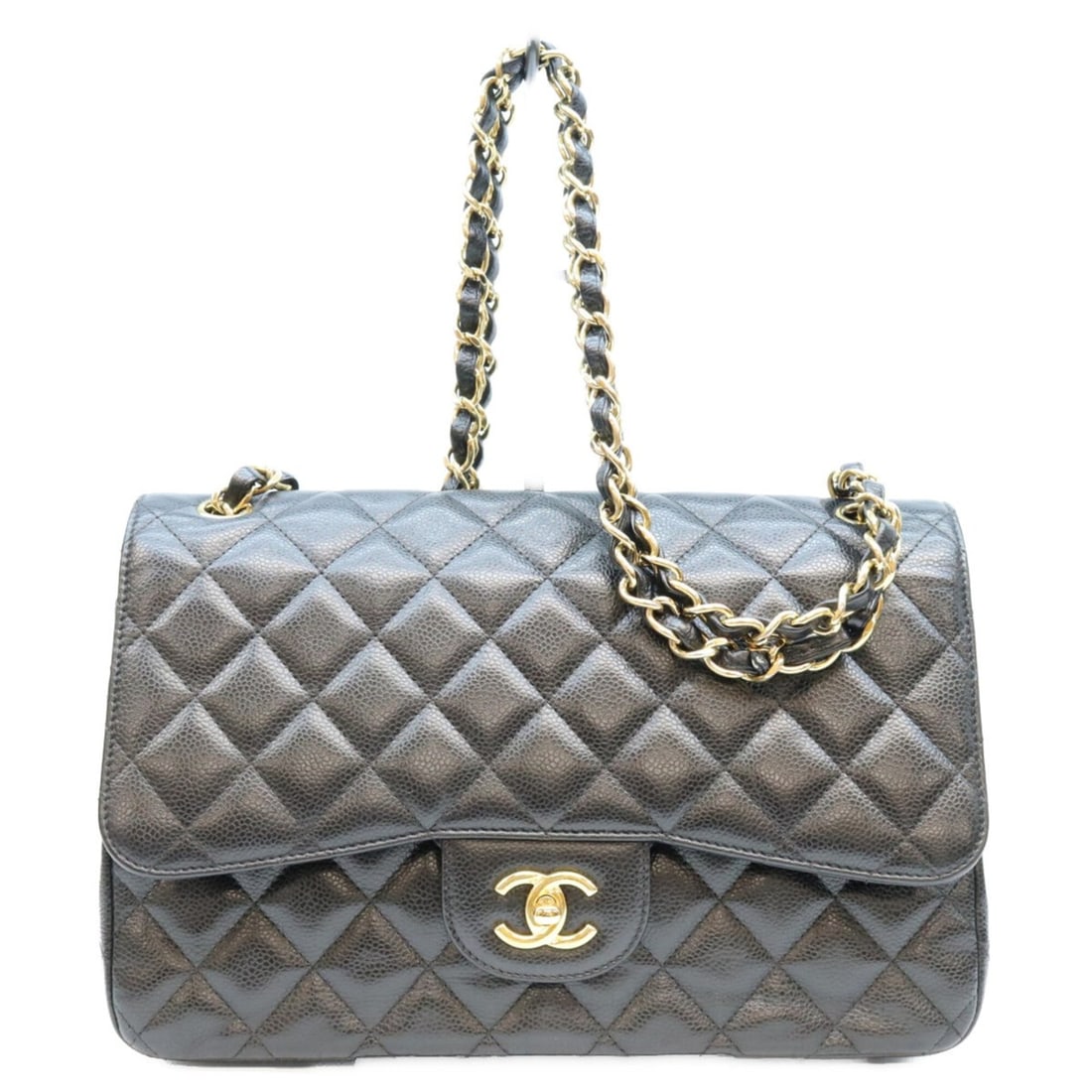 CHANEL A58600 Black Caviar Leather Double Flap Large Matelassé 30 Shoulder Bag with Gold Hardware: --- Catalog ---Category: SizeSize (HxWxD): 20cm x 31cm x 9cm / 7.87'' x 12.2'' x 3.54''Category: DesignType: Shoulder bagColor: BlackGender: WomenMaterial: Grained Calfskin Hardware Color: GoldCategor