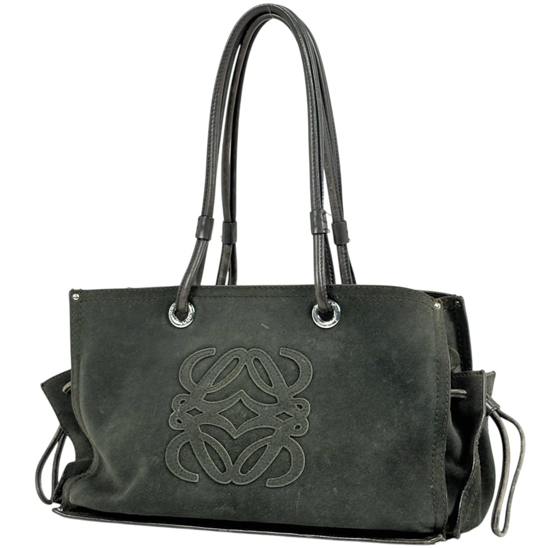 Loewe Anagram Shoulder Bag, Suede, Green/Brown, Women's: --- Catalog ---Category: SizeSize (HxWxD): 23cm x 34cm x 15cm / 9.05'' x 13.38'' x 5.9''Category: DesignType: Shoulder bagColor: Brown, GreenGender: WomenMaterial: Suede , Leather Category: GeneralBra