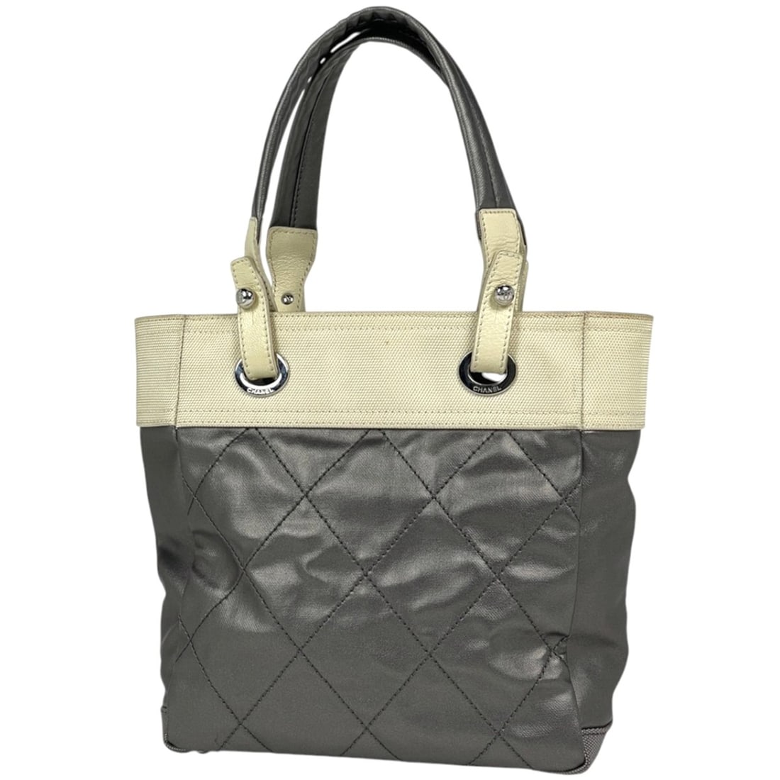 Chanel Paris Biarritz Tote PM Coco Mark Handbag, Coated Canvas, Gray/Ivory, A34208, Women's: --- Catalog ---Category: SizeSize (HxWxD): 27cm x 25cm x 10cm / 10.62'' x 9.84'' x 3.93''Category: DesignType: Handbag, Tote bagColor: Gray, IvoryGender: WomenMaterial: Coated canvas Category: General
