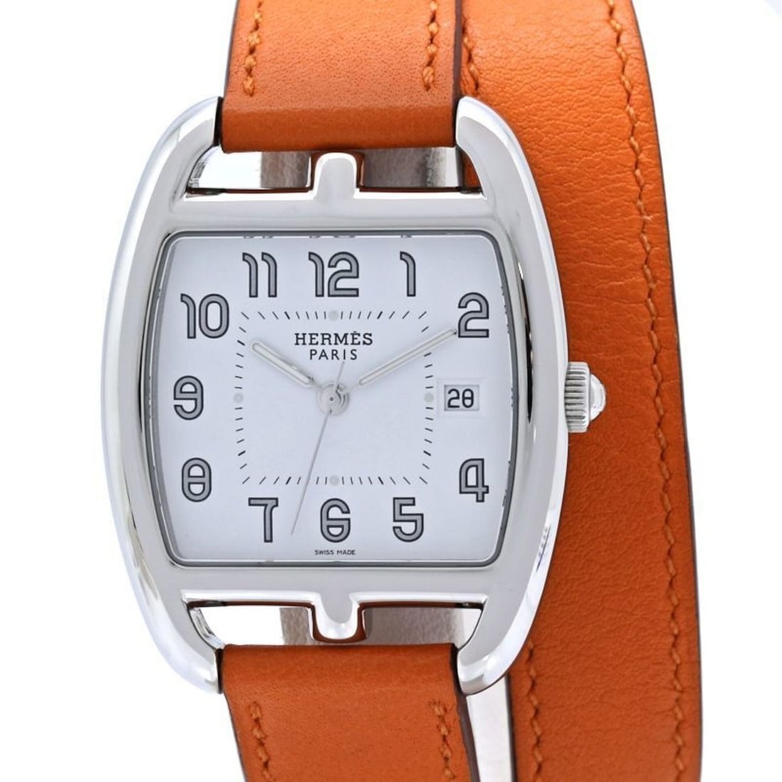 HERMES Cape Cod Tonneau Double Tour CT1.710.130.W0R1 Men's Watch SS x Swift 40575: --- Catalog ---Category: SizeWrist Size: 16.5cm / 6.49''Case Diameter: 33mm / 1.3''Category: DesignType: WristwatchGender: MenColor (Dial): WhiteMaterial (Band): LeatherMaterial (Case): Stainless