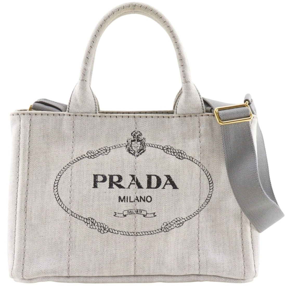 Prada Canapa Mini Tote Handbag/Shoulder Bag, 2-Way Style, Cotton Denim, Gray, A5 Size, Women's: --- Catalog ---Category: SizeWeight: 720g / 1.58lb.Strap Drop: 58cm / 22.83''Handle Drop: 12.00cm / 4.72''Size (HxWxD): 19cm x 28cm x 14cm / 7.48'' x 11.02'' x 5.51''Category: DesignType: Handbag, Tot