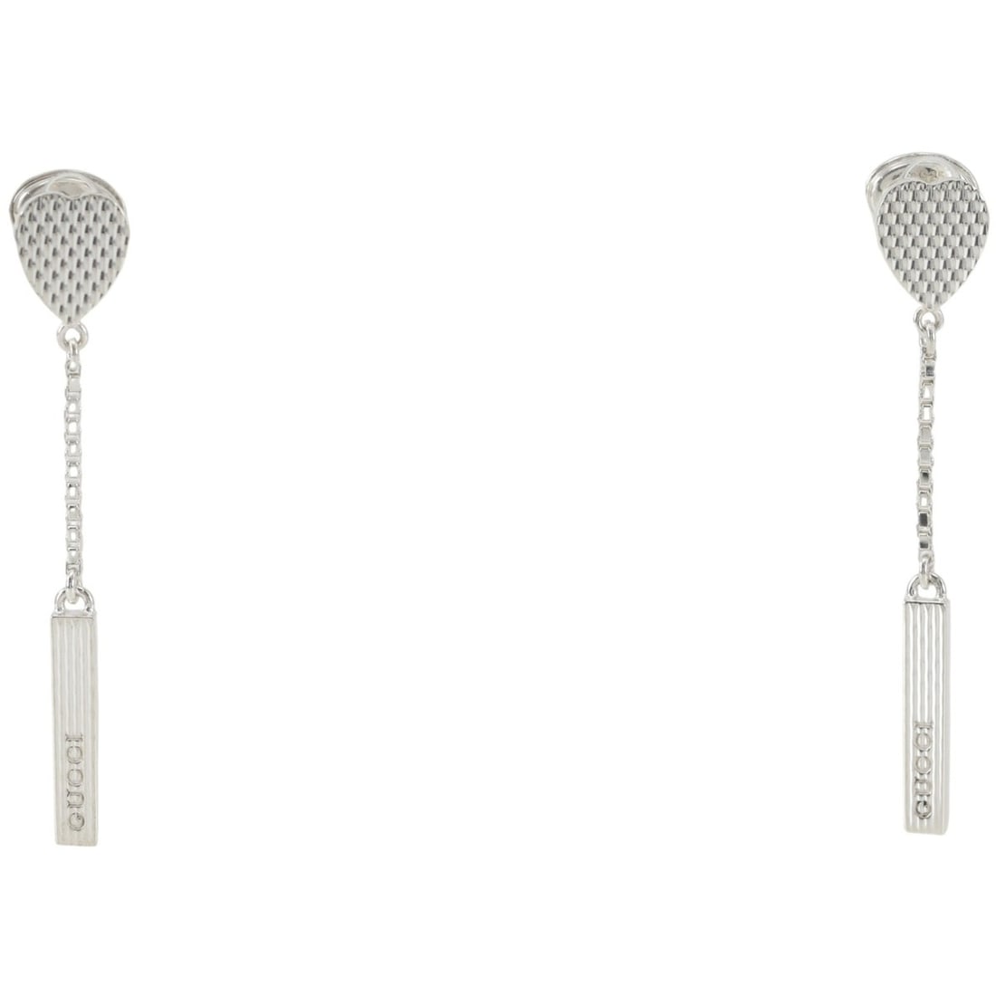 Gucci Heart/Bar Earrings, Sterling Silver 925, Approx. 4.0g, Women's: --- Catalog ---Category: SizeWeight: 4g / 0.14oz.Size (HxWxD): 39.00mm x 5.00mm / 1.54'' x 0.20''Category: DesignType: Drop earringsGender: WomenMaterial: Silver 925Category: GeneralBrand: Gucci--- It