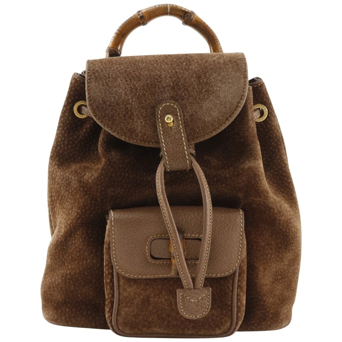 Gucci Bamboo Mini Backpack, a vintage bag (003.1956), made of brown suede, 2-way design, A5 size,: --- Catalog ---Category: SizeWeight: 580g / 1.27lb.Handle Drop: 6.00cm / 2.36''Size (HxWxD): 24cm x 22cm x 7cm / 9.44'' x 8.66'' x 2.75''Strap Length: 58cm - 74cm / 22.83'' - 29.13''Category: DesignTy