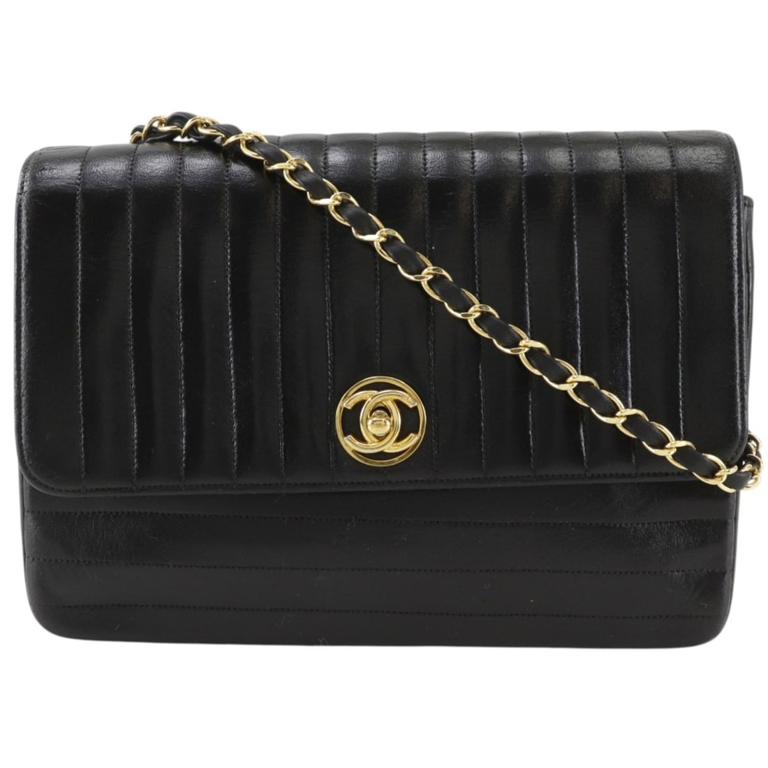 Chanel Mademoiselle Chain Shoulder Bag, Calfskin, Black, A5 size, Turnlock, Women's: --- Catalog ---Category: SizeWeight: 460g / 1.01lb.Strap Drop: 55cm / 21.65''Size (HxWxD): 17cm x 23.5cm x 7cm / 6.69'' x 9.25'' x 2.75''Category: DesignType: Shoulder bagColor: BlackGender: WomenMate