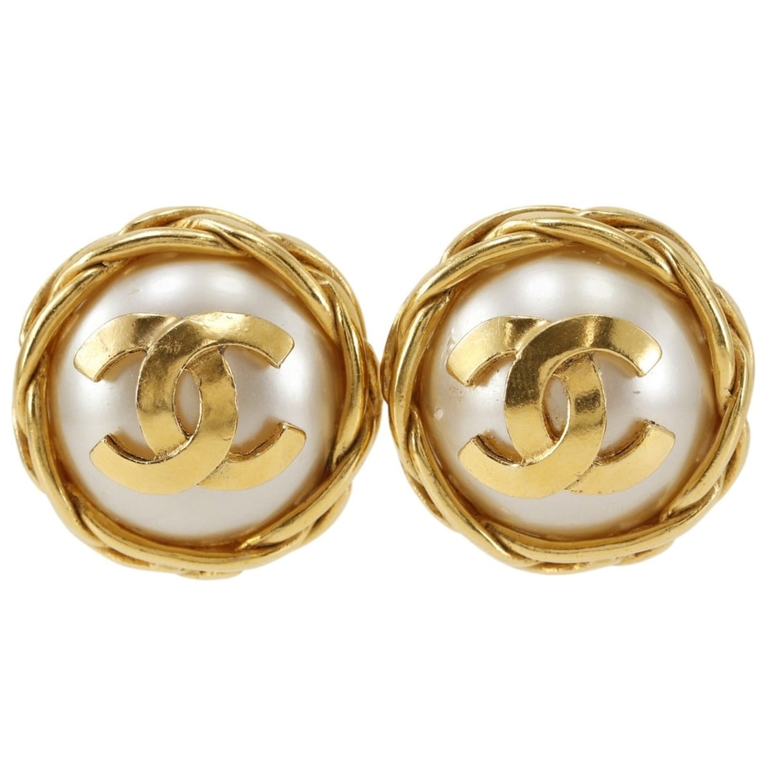 Chanel Coco Mark Earrings, Gold Plated x Faux Pearl, 1995, 95P, Approx. 30g, Women's. (1 of 16)