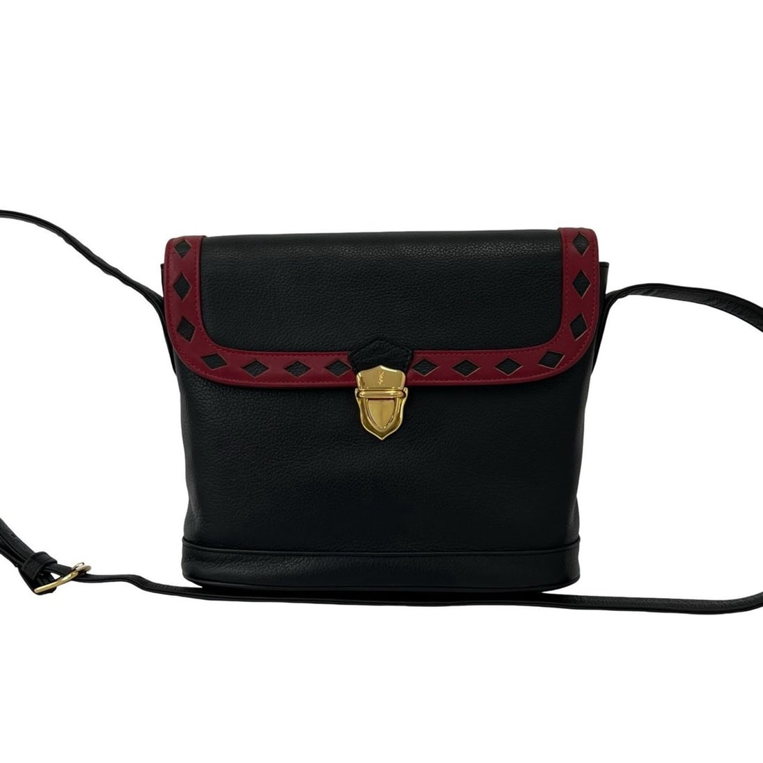 YVES SAINT LAURENT YSL Logo Hardware Cutout Leather Shoulder Bag Black Red 31720: --- Catalog ---Category: SizeSize (HxWxD): 19.5cm x 24.5cm x 8cm / 7.67'' x 9.64'' x 3.14''Category: DesignType: Shoulder bagColor: Black, Red colorGender: WomenMaterial: Leather Category: GeneralBran
