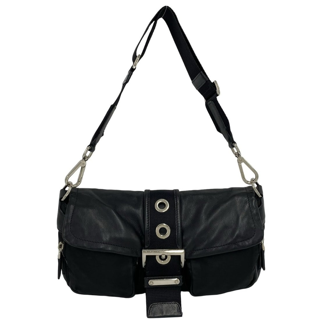 PRADA Triangle Logo Hardware Leather Tessuto Nylon Semi One Shoulder Bag Handbag Black 33034: --- Catalog ---Category: SizeSize (HxWxD): 17.5cm x 26cm x 9cm / 6.88'' x 10.23'' x 3.54''Category: DesignType: Handbag, Shoulder bagColor: BlackGender: WomenMaterial: Leather , Nylon Category: Genera