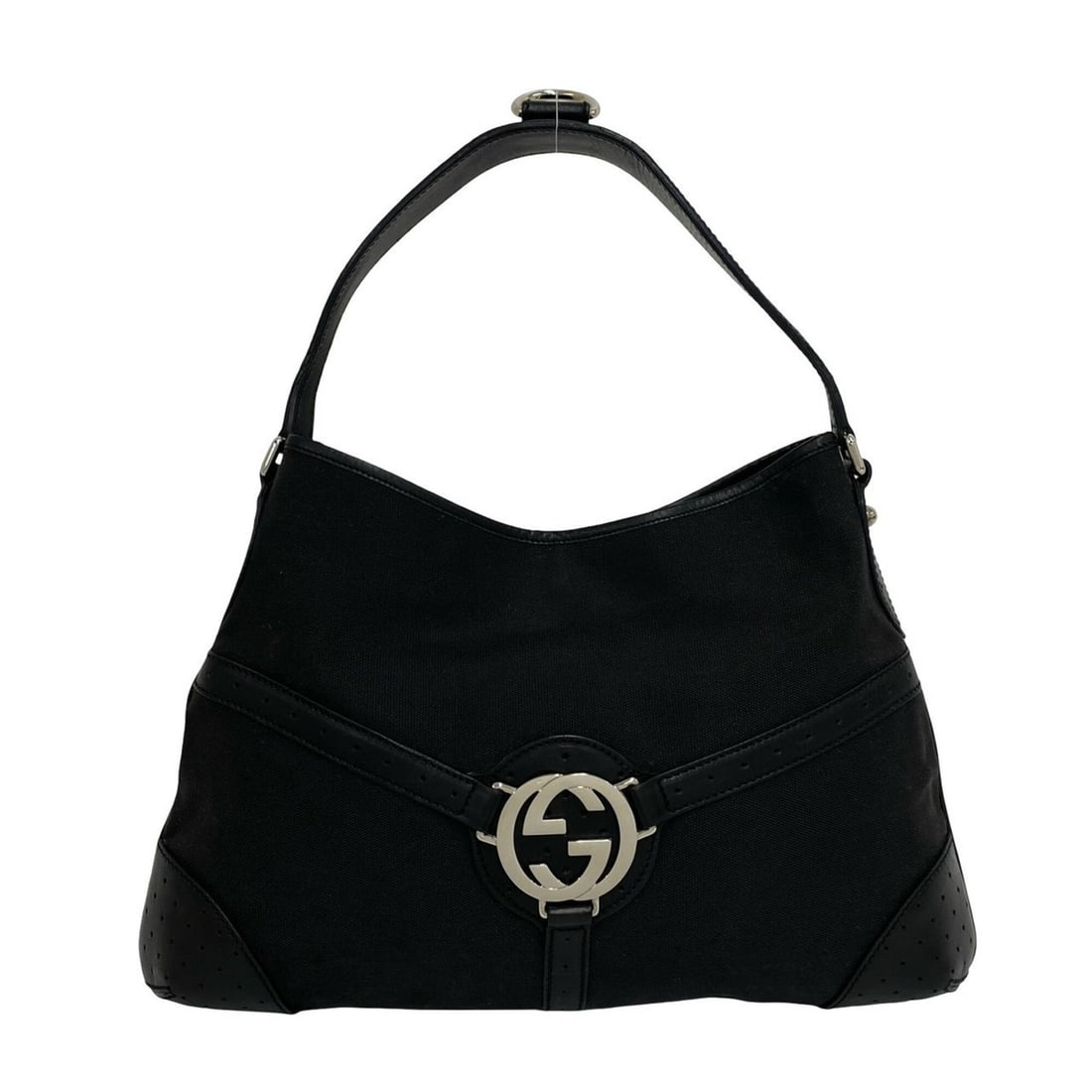 GUCCI Interlocking G Hardware Canvas Leather Semi One Shoulder Bag Handbag Black 07525 (1 of 12)