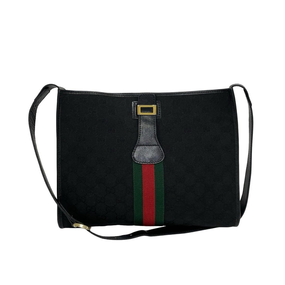 GUCCI Vintage Sherry Line GG Canvas Leather Shoulder Bag, Black, 52654: --- Catalog ---Category: SizeSize (HxWxD): 23cm x 29.5cm x 6cm / 9.05'' x 11.61'' x 2.36''Category: DesignType: Shoulder bagColor: Black, Green, Red colorGender: WomenMaterial: Canvas , Leather Catego