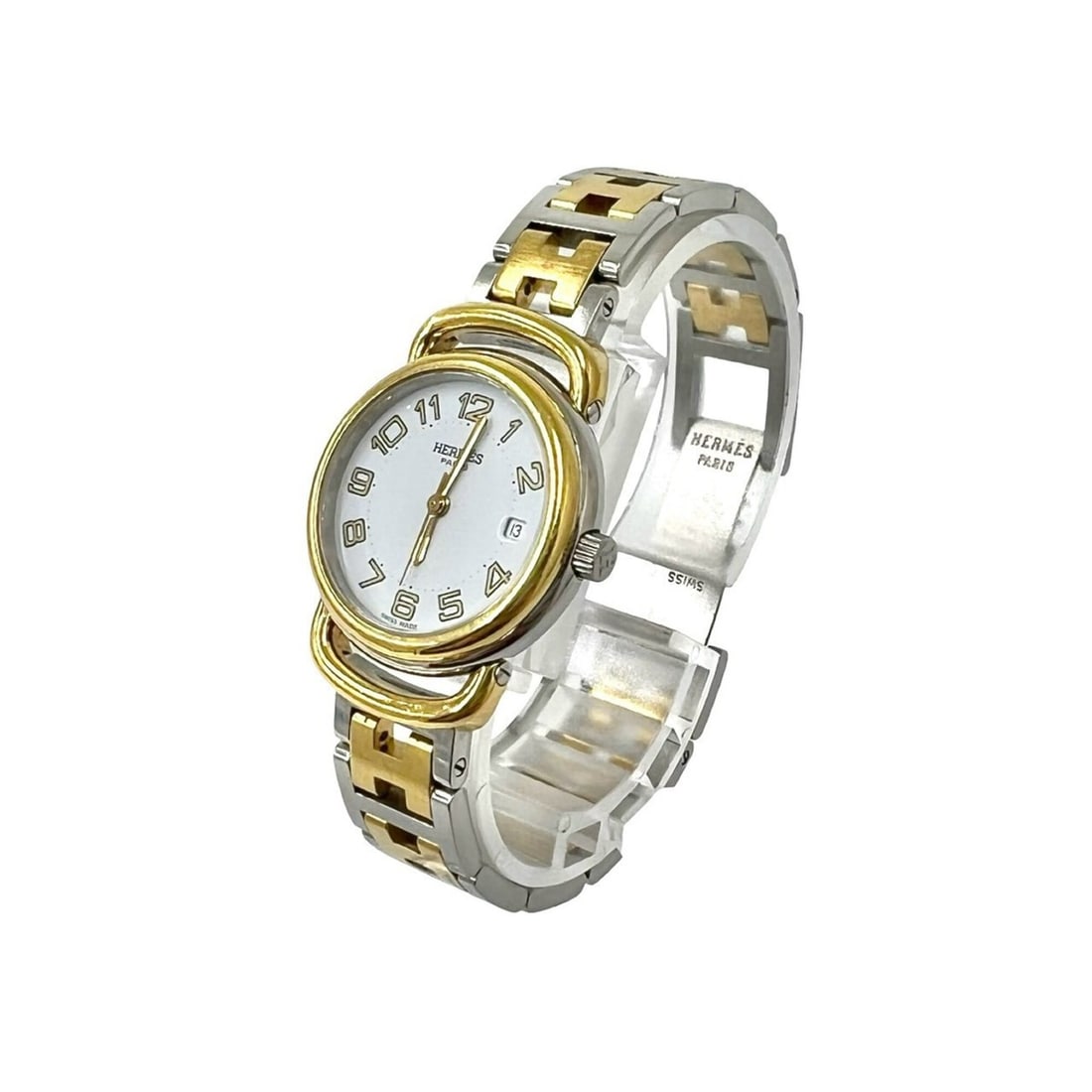HERMES Pullman Stainless Steel GP Quartz Wristwatch Gold Silver 25057: --- Catalog ---Category: SizeWrist Size: 14cm / 5.51''Case Diameter: 25mm / 0.98''Category: DesignType: WristwatchGender: WomenMaterial (Band): Gold plated, Stainless steelMaterial (Case): Gold plated